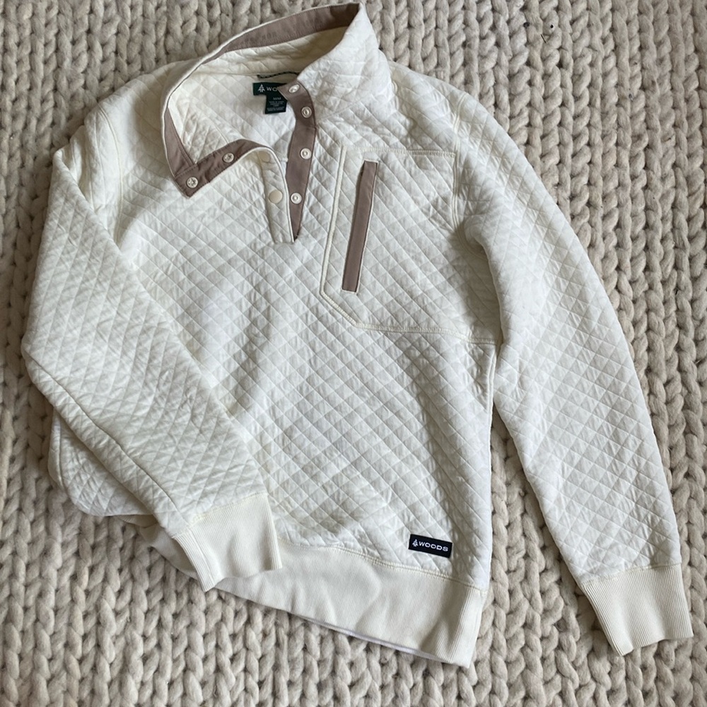 Women's Cream Quilted Pullover Jacket with Tan Trim